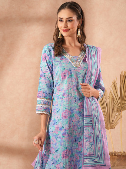 Abstract Floral Printed & Embroidered Straight Fit Kurta with Pant and Dupatta - Lavender