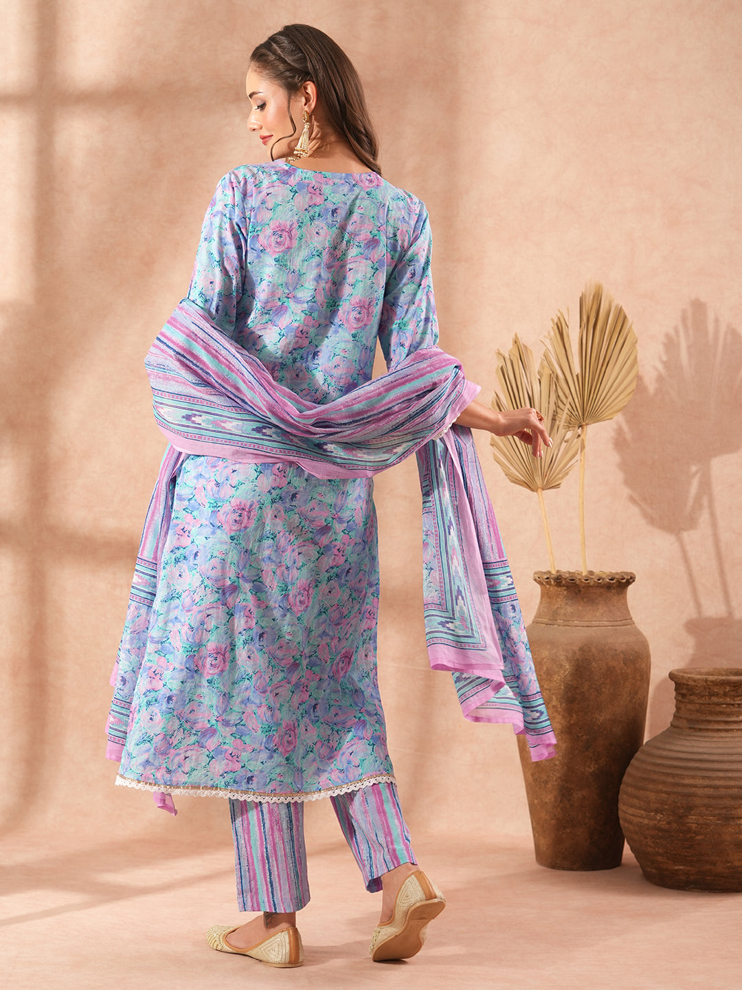 Abstract Floral Printed & Embroidered Straight Fit Kurta with Pant and Dupatta - Lavender