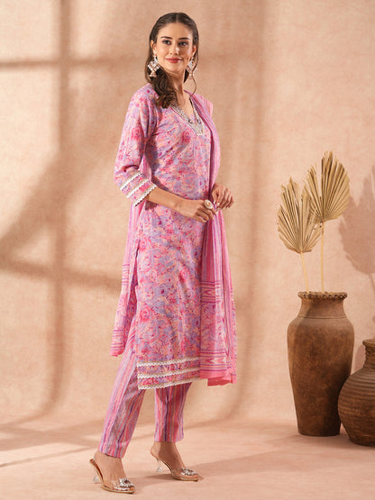 Abstract Floral Printed & Hand Embroidered Straight Fit Kurta with Pant and Dupatta - Lavender