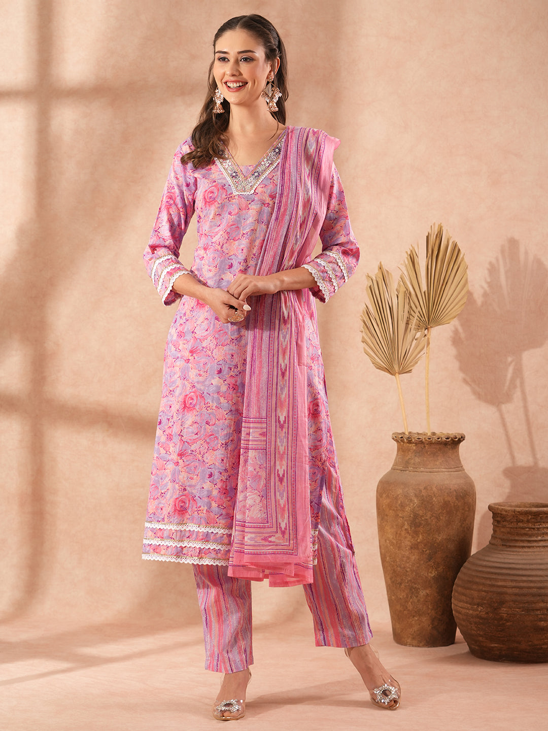 Abstract Floral Printed & Hand Embroidered Straight Fit Kurta with Pant and Dupatta - Lavender