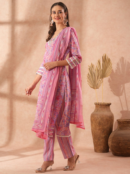 Abstract Floral Printed & Hand Embroidered Straight Fit Kurta with Pant and Dupatta - Lavender