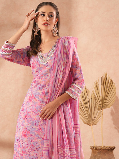 Abstract Floral Printed & Hand Embroidered Straight Fit Kurta with Pant and Dupatta - Lavender