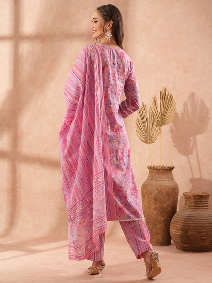 Abstract Floral Printed & Hand Embroidered Straight Fit Kurta with Pant and Dupatta - Lavender