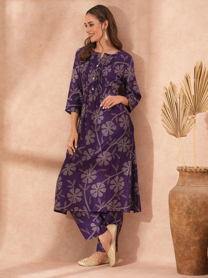 Ethnic Bandhani Printed A-Line Co-ord Set - Purple