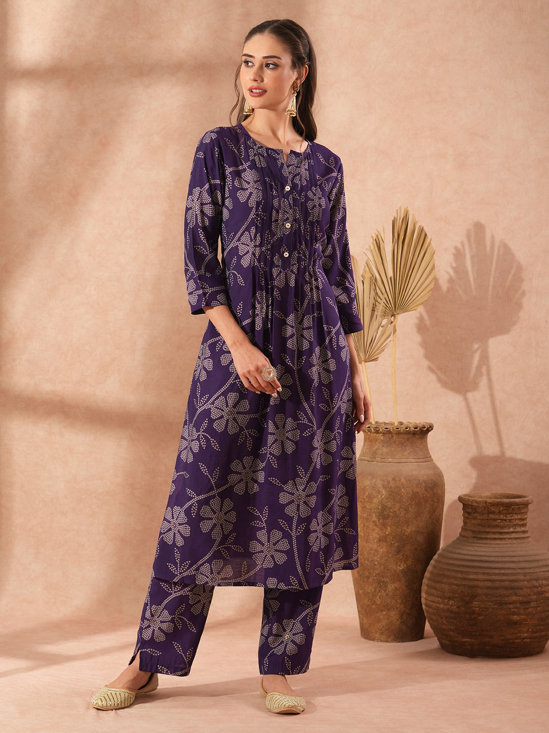 Ethnic Bandhani Printed A-Line Co-ord Set - Purple