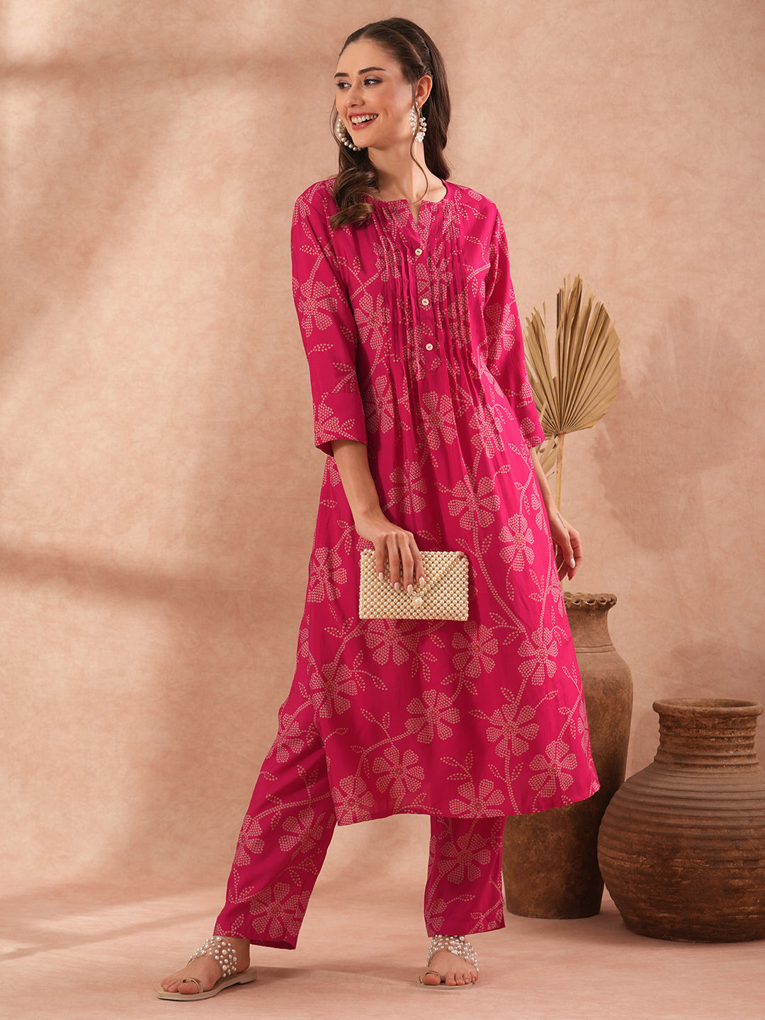 Ethnic Bandhani Printed A-Line Co-ord Set - Pink