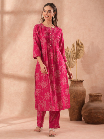 Ethnic Bandhani Printed A-Line Co-ord Set - Pink