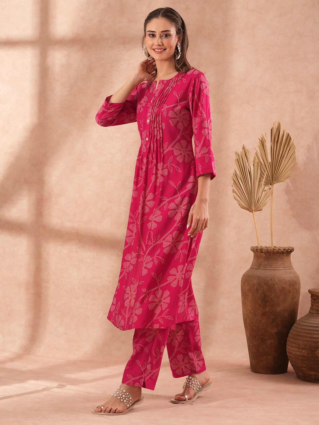 Ethnic Bandhani Printed A-Line Co-ord Set - Pink