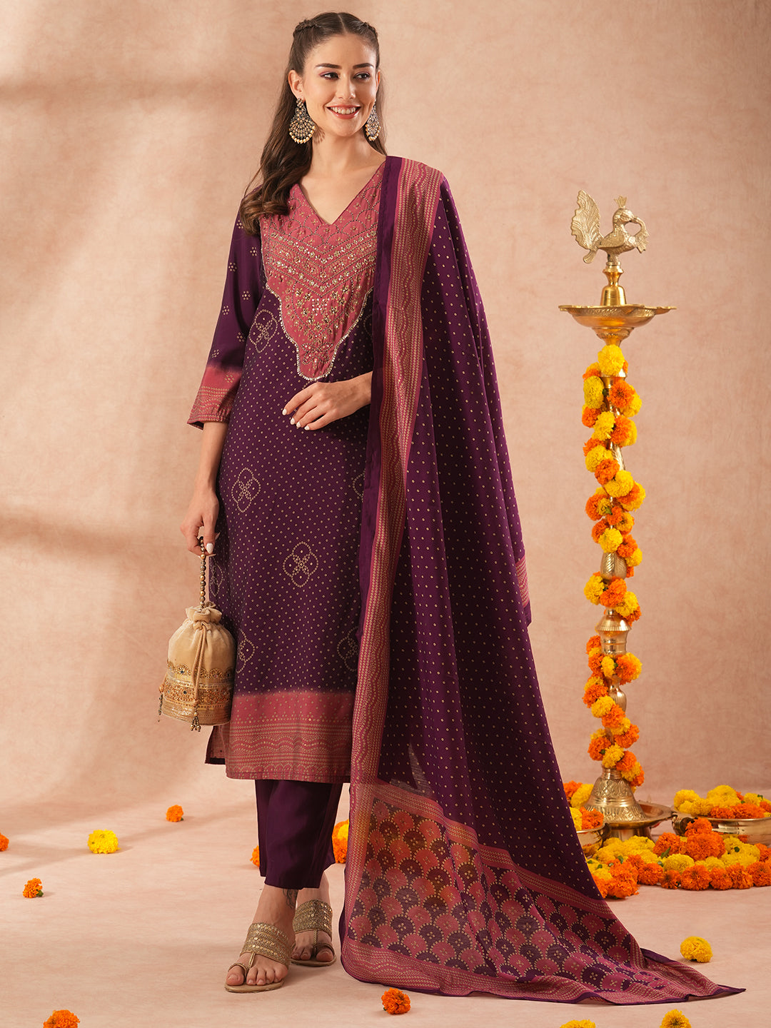 Ethnic Bandhani Printed & Hand Embroidered Straight Fit Kurta with Pant and Dupatta - Deep Purple