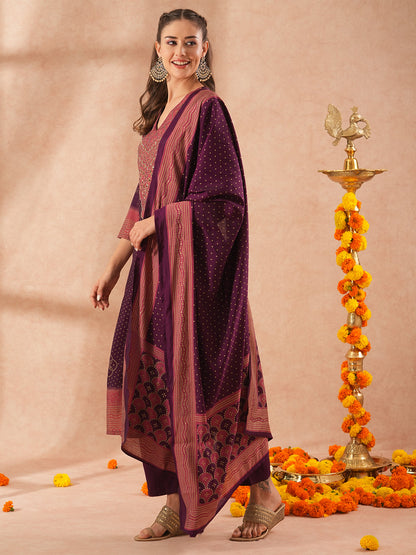 Ethnic Bandhani Printed & Hand Embroidered Straight Fit Kurta with Pant and Dupatta - Deep Purple