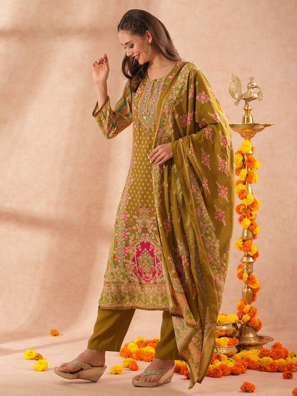 Floral Printed & Hand Embroidered Straight Kurta with Pant & with Printed Dupatta – Green