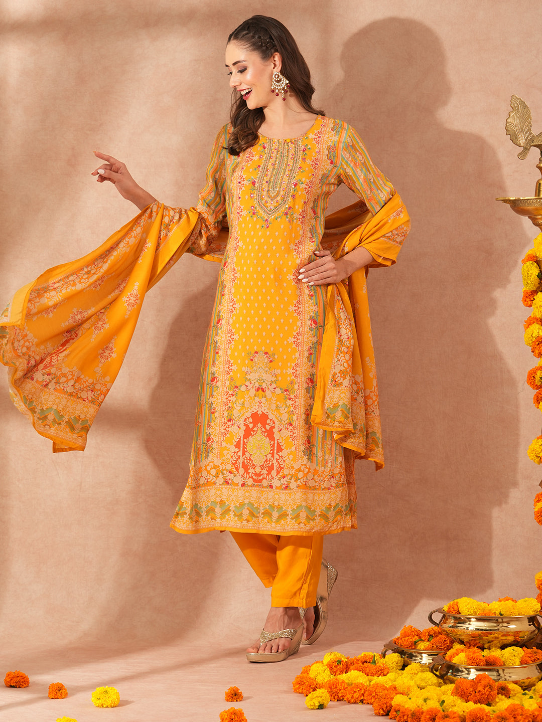 Ethnic Floral Printed Embroidered Straight Fit Kurta with Pant and Dupatta - Yellow