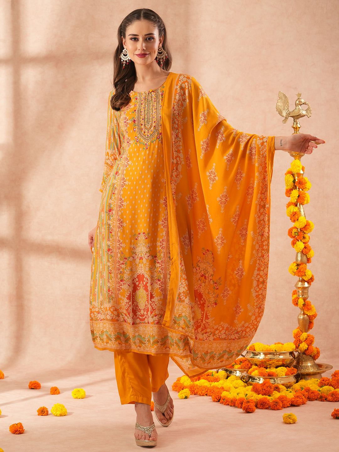 Ethnic Floral Printed Embroidered Straight Fit Kurta with Pant and Dupatta - Yellow