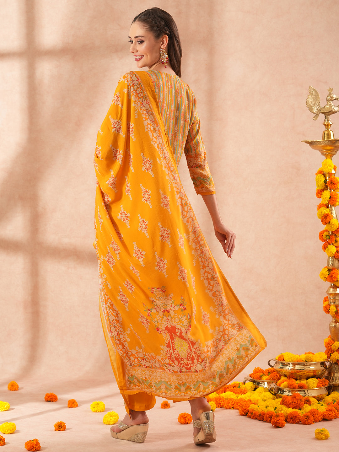 Ethnic Floral Printed Embroidered Straight Fit Kurta with Pant and Dupatta - Yellow