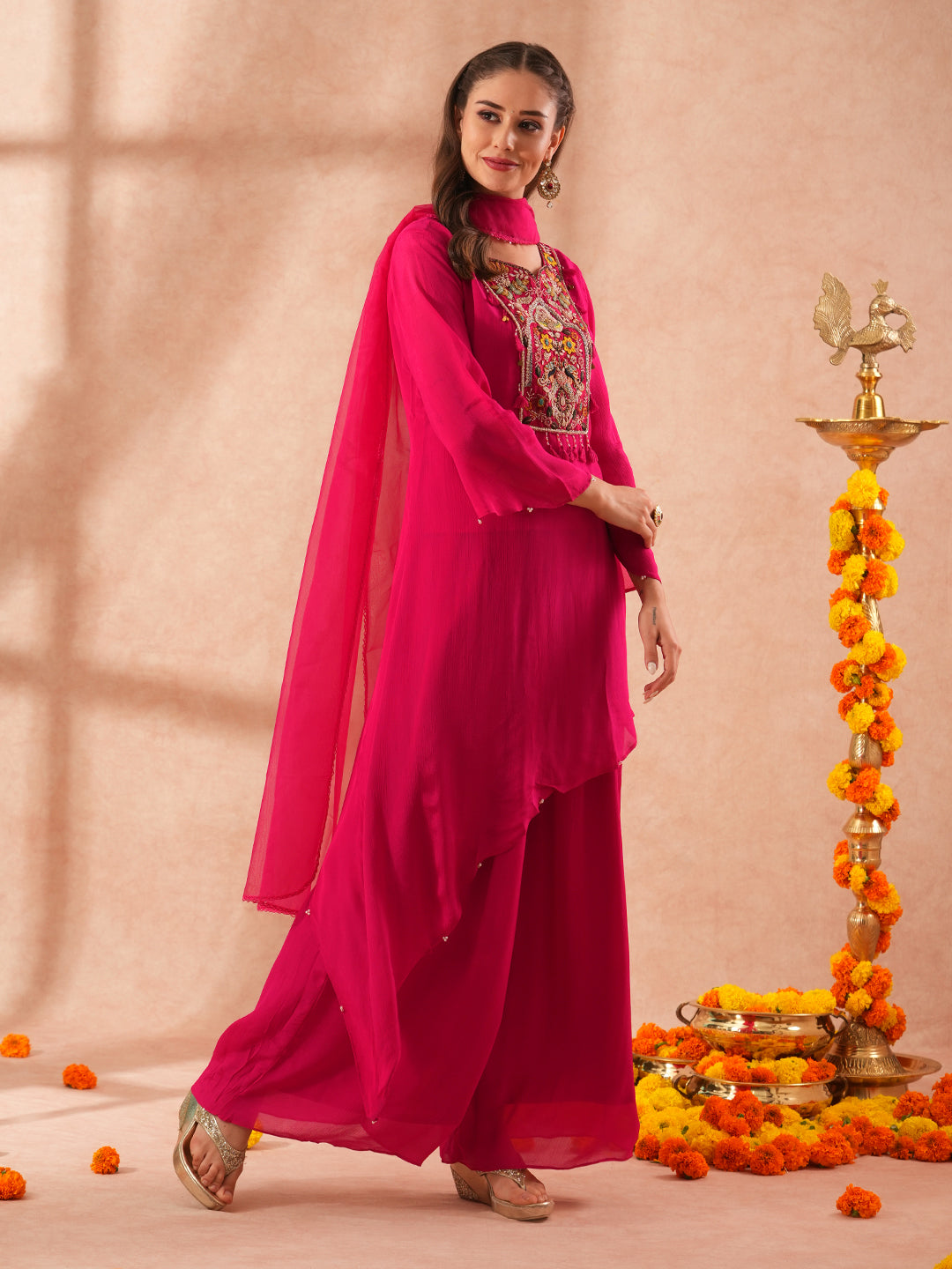 Solid Floral Hand Embroidered A-Line Asymmetric Kurta with Palazzo & Dupatta - Pink