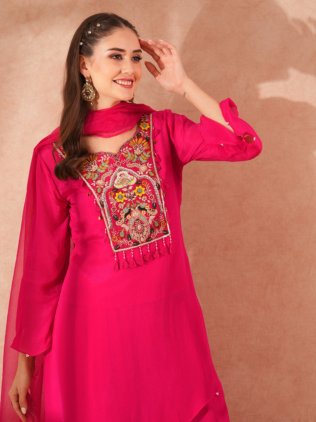 Solid Floral Hand Embroidered A-Line Asymmetric Kurta with Palazzo & Dupatta - Pink