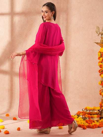 Solid Floral Hand Embroidered A-Line Asymmetric Kurta with Palazzo & Dupatta - Pink