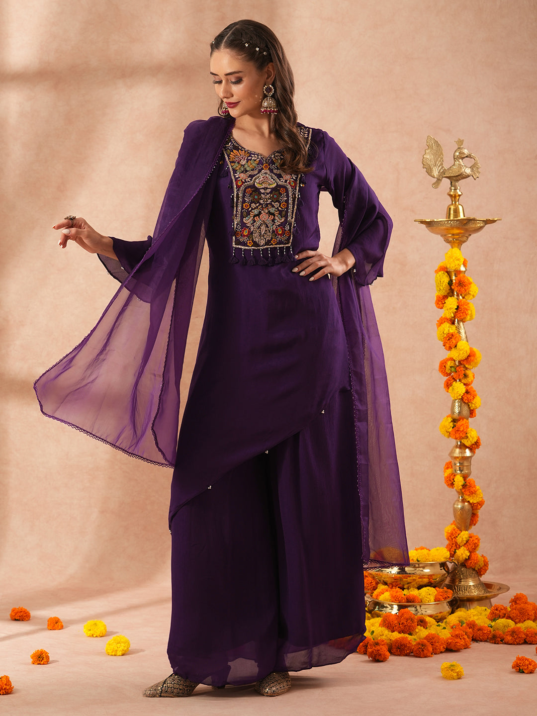 Solid Floral Hand Embroidered A-Line Asymmetric Kurta with Palazzo & Dupatta - Purple