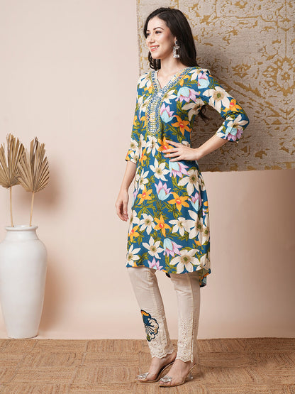 Abstract Floral Printed & Embroidered Straight Fit Kurta with Pant - Blue