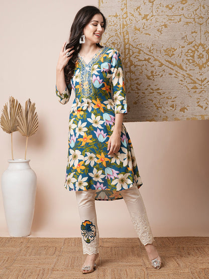 Abstract Floral Printed & Embroidered Straight Fit Kurta with Pant - Blue