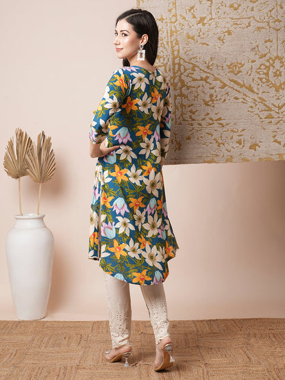 Abstract Floral Printed & Embroidered Straight Fit Kurta with Pant - Blue