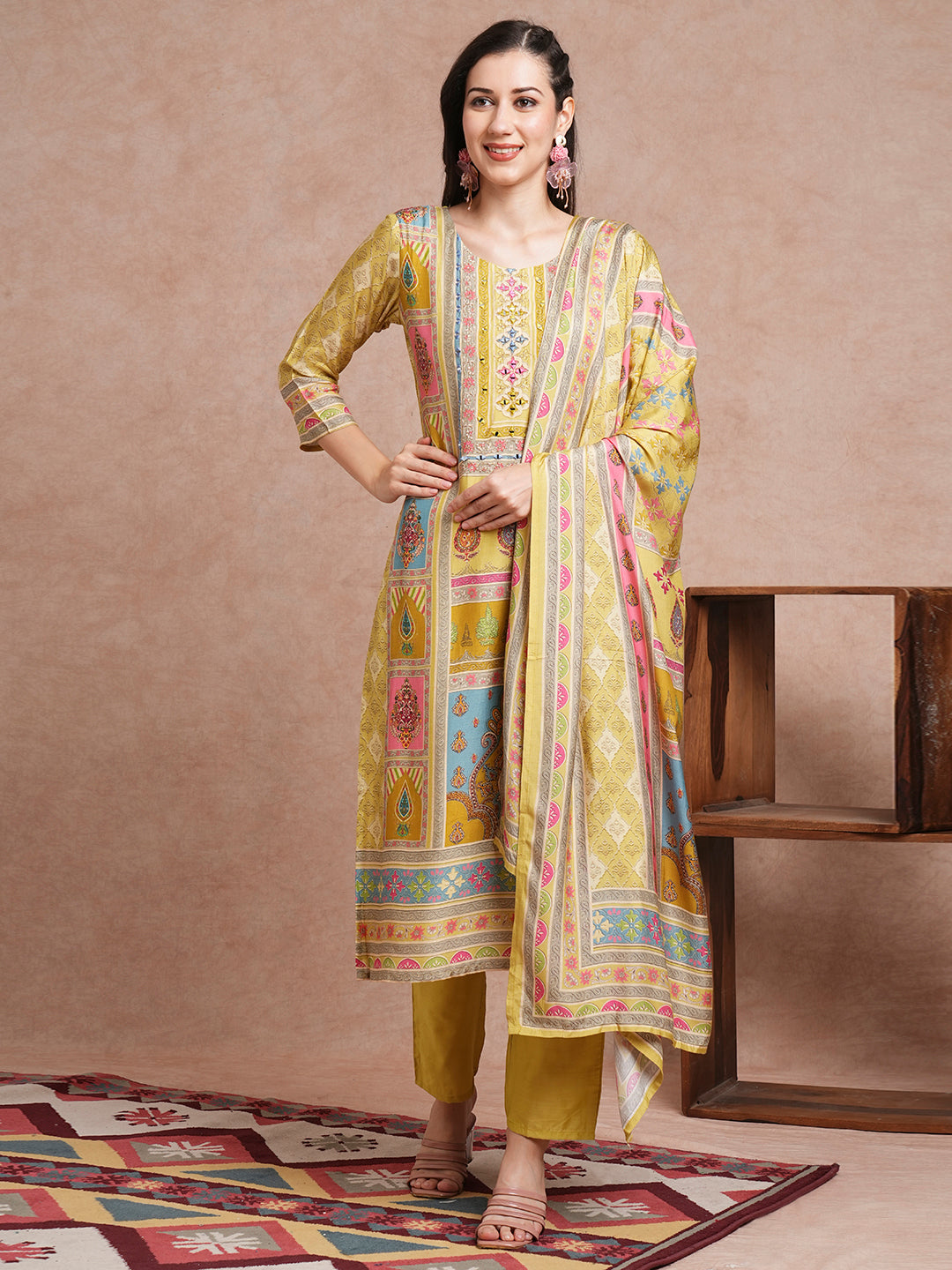 Ethnic Printed & Mirror Embroidered Straight Fit Kurta with Pant and Dupatta - Green