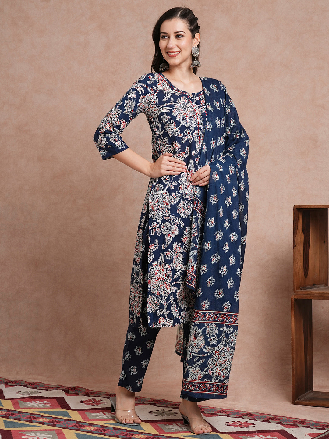 Floral Printed & Embroidered Straight Kurta with Pant & with Printed Dupatta – Blue