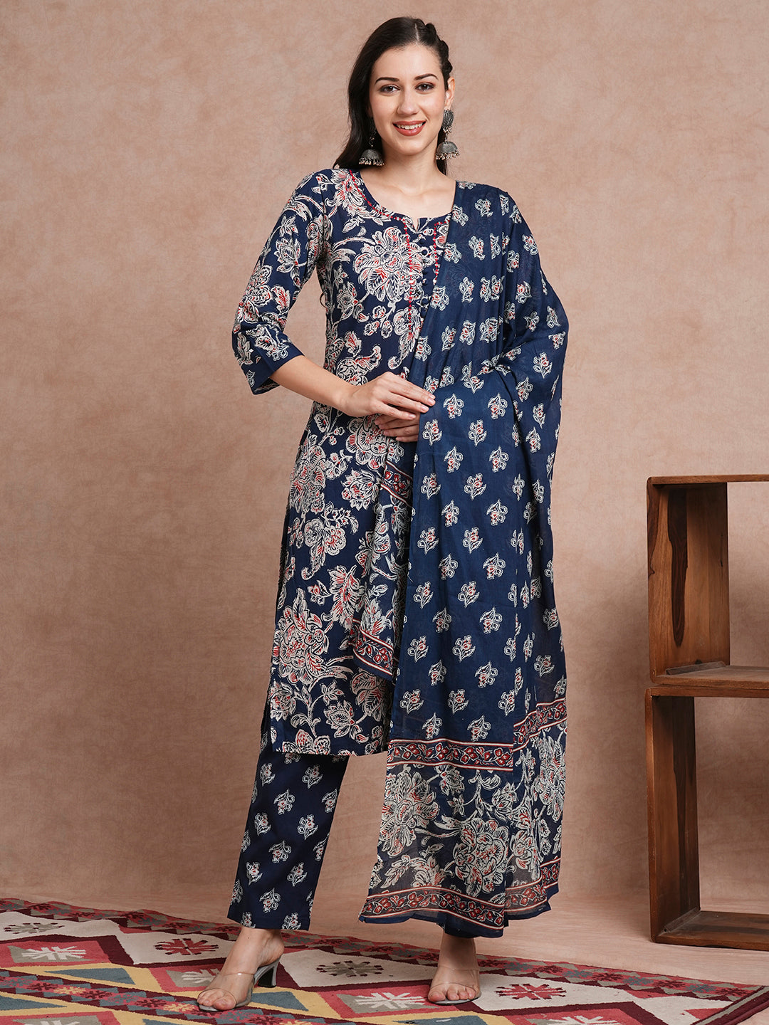 Floral Printed & Embroidered Straight Kurta with Pant & with Printed Dupatta – Blue