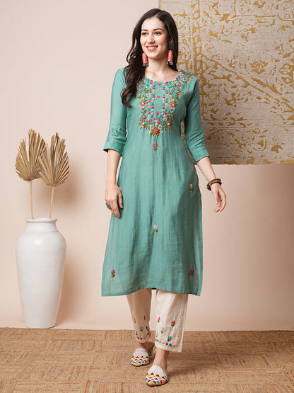 Floral Hand Embroidered Straight Fit Kurta with Pant - Green