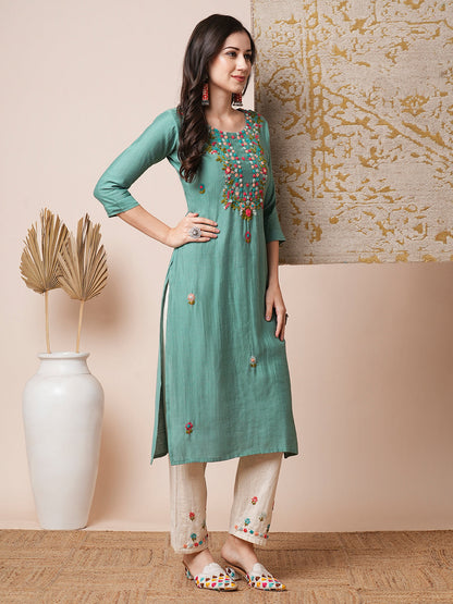 Floral Hand Embroidered Straight Fit Kurta with Pant - Green