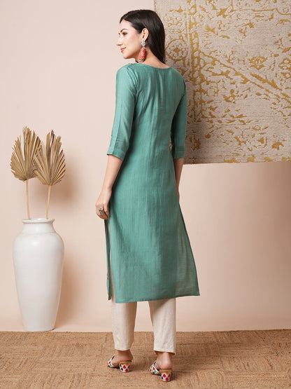 Floral Hand Embroidered Straight Fit Kurta with Pant - Green