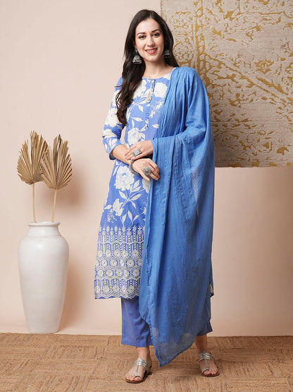 Floral Printed & Schiffli Embroidered Straight Fit Kurta with Pant and Dupatta - Blue