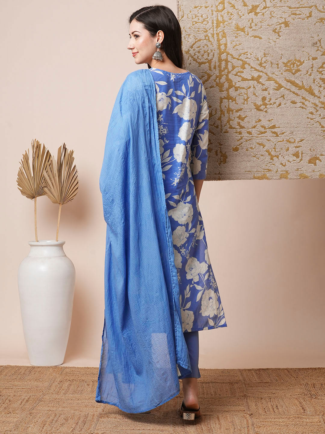 Floral Printed & Schiffli Embroidered Straight Fit Kurta with Pant and Dupatta - Blue