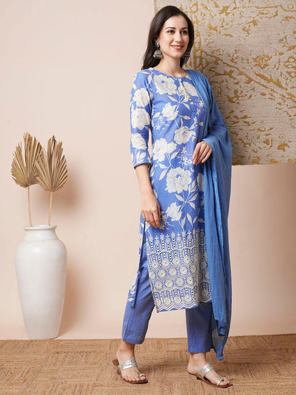 Floral Printed & Schiffli Embroidered Straight Fit Kurta with Pant and Dupatta - Blue