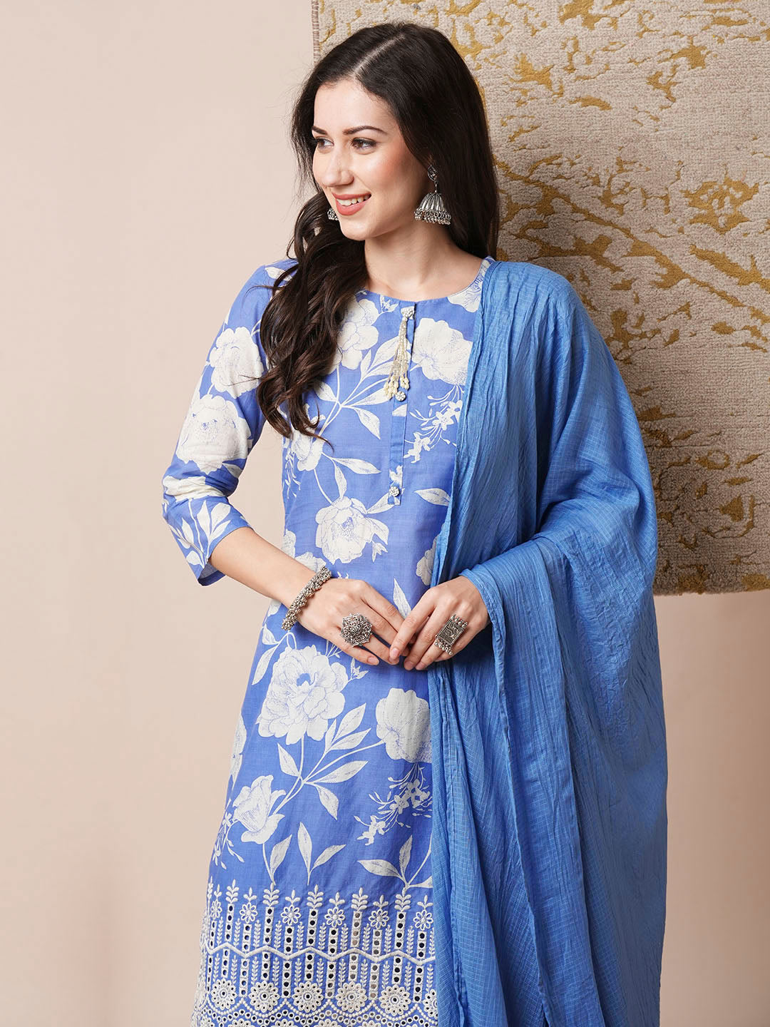 Floral Printed & Schiffli Embroidered Straight Fit Kurta with Pant and Dupatta - Blue