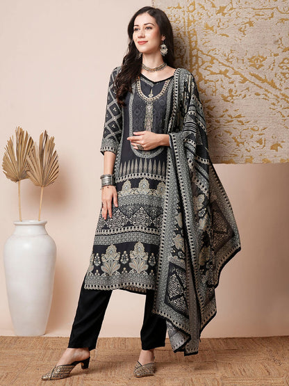 Ethnic Printed & Embroidered Straight Fit Kurta with Pant & Dupatta - Black