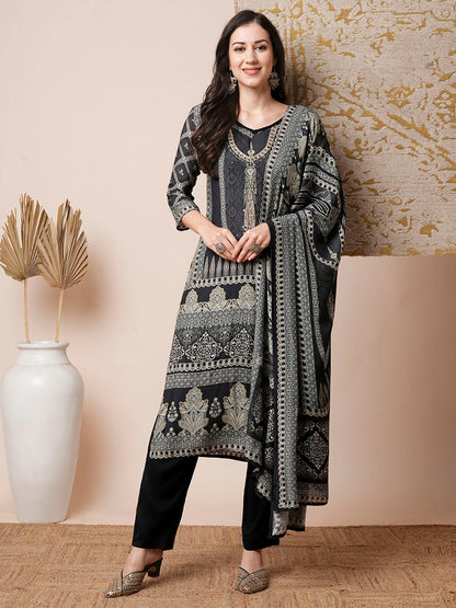 Ethnic Printed & Embroidered Straight Fit Kurta with Pant & Dupatta - Black