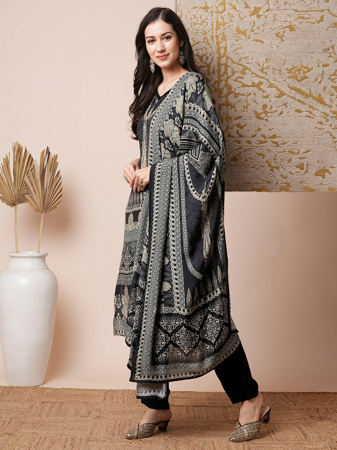 Ethnic Printed & Embroidered Straight Fit Kurta with Pant & Dupatta - Black