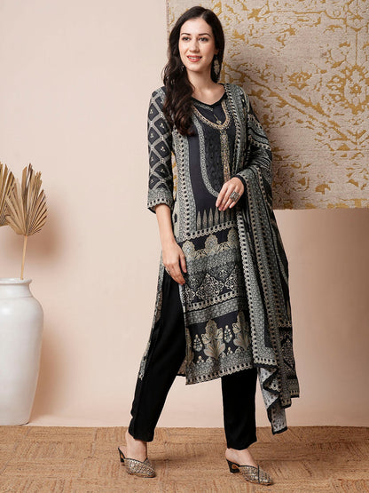 Ethnic Printed & Embroidered Straight Fit Kurta with Pant & Dupatta - Black