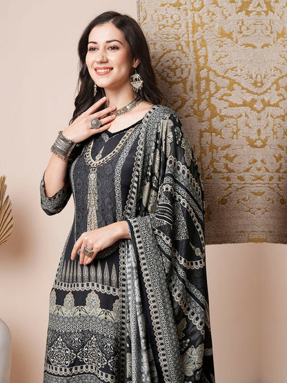 Ethnic Printed & Embroidered Straight Fit Kurta with Pant & Dupatta - Black