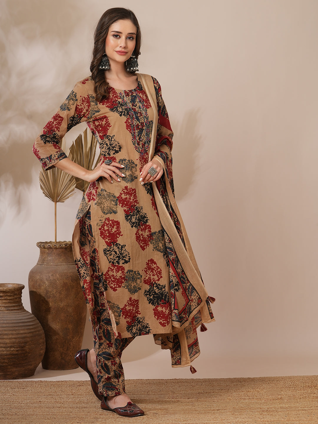 Ethnic Floral Printed & Embroidered Straight Fit Kurta with Pant & Dupatta - Camel Brown