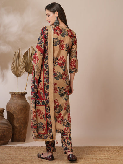 Ethnic Floral Printed & Embroidered Straight Fit Kurta with Pant & Dupatta - Camel Brown