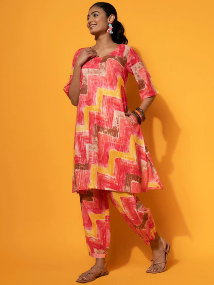 Coral Printed Silk Blend Tunic With Palazzos