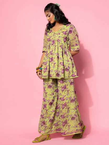 Green Printed Georgette Co-Ords