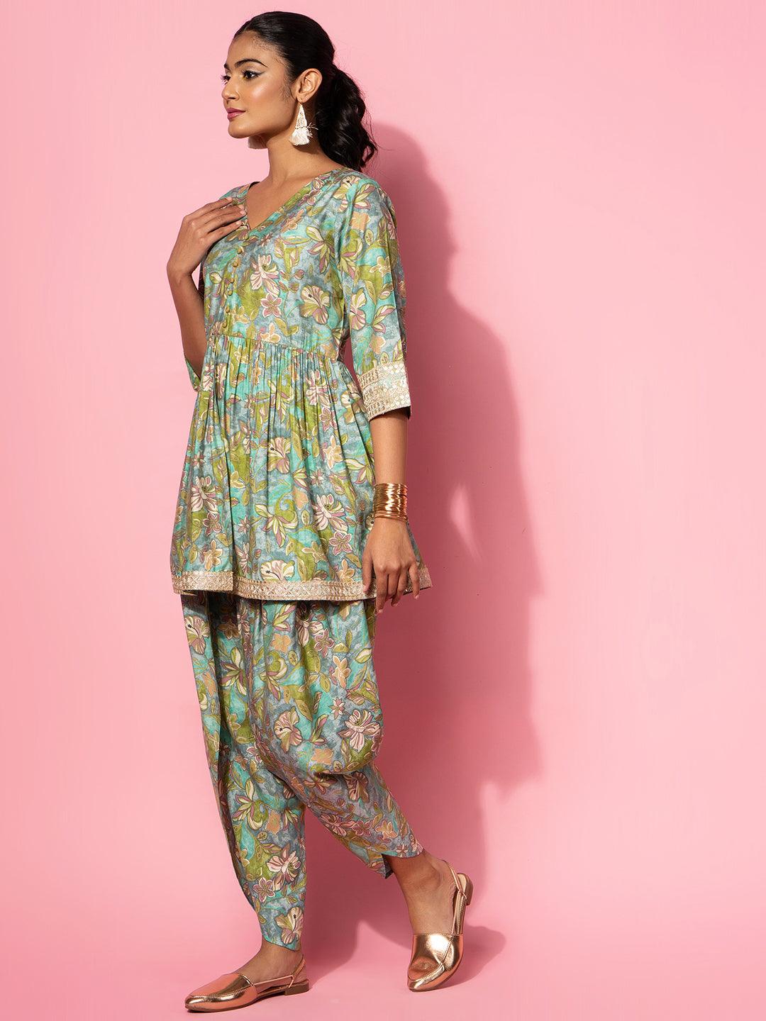 Green Printed Silk Blend Co-Ords