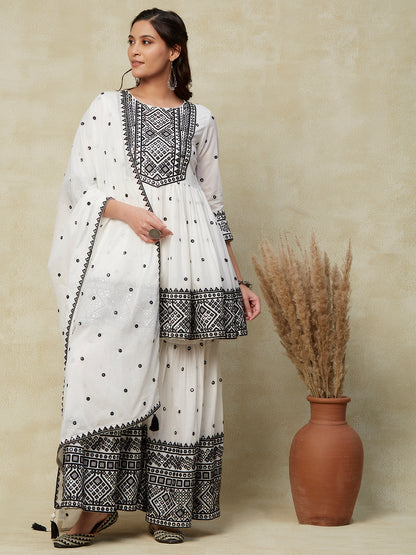 Solid Mirror & Resham Embroidered Gathered Short Mul-Cotton Kurta with Embroidered Sharara & Dupatta - White