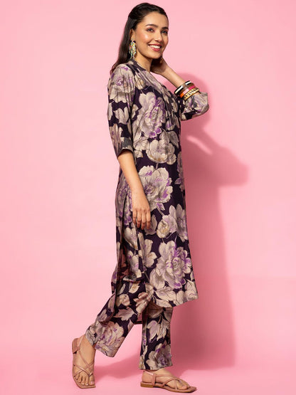 Purple Printed Silk Blend Co-Ords1