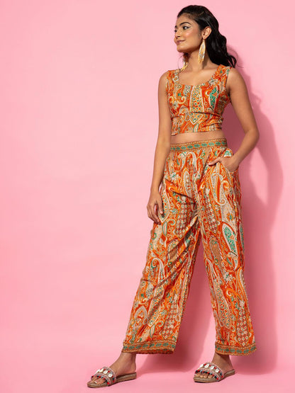 Orange Printed Silk Blend Co-Ords