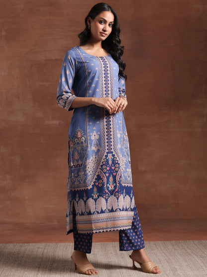 Blue Printed Crepe Straight Kurta Set