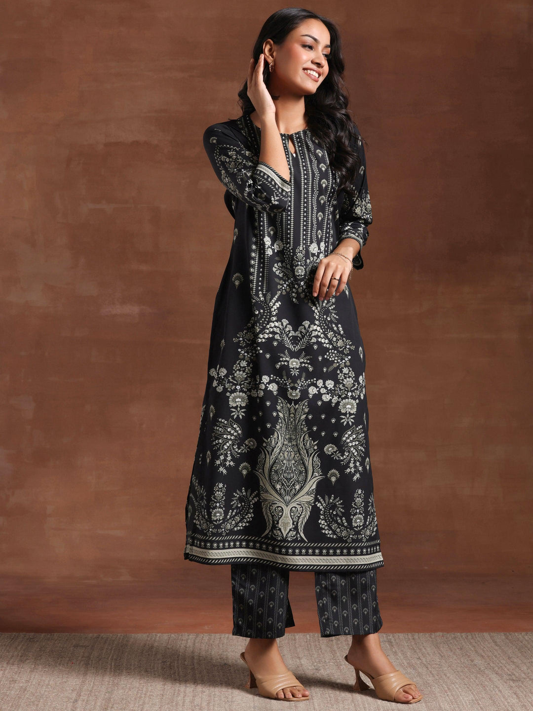 Black Printed Crepe Straight Kurta Set